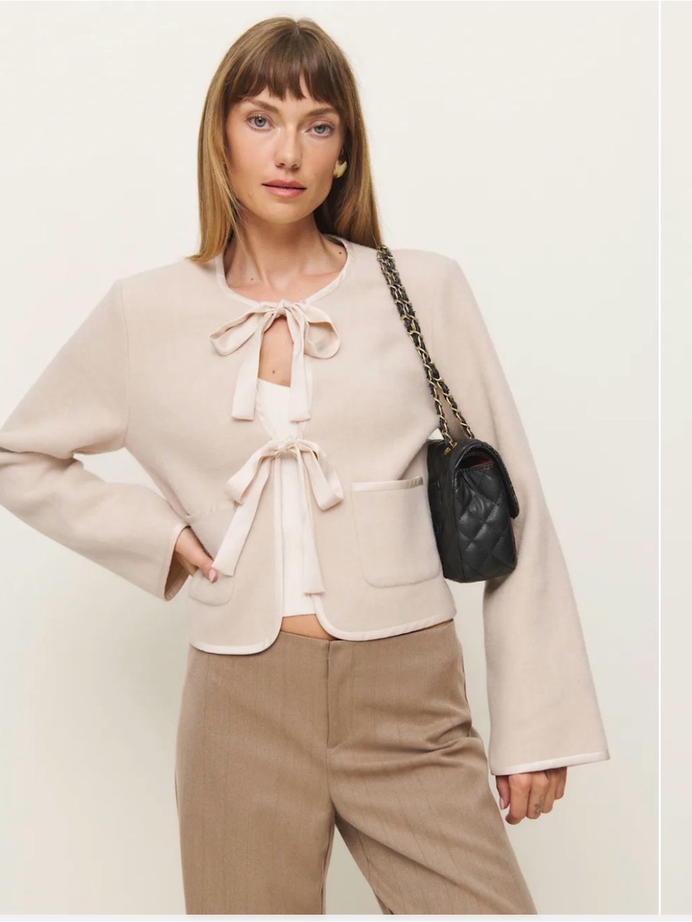 Daisy Cropped Reformation Tie-Front Cream Jacket